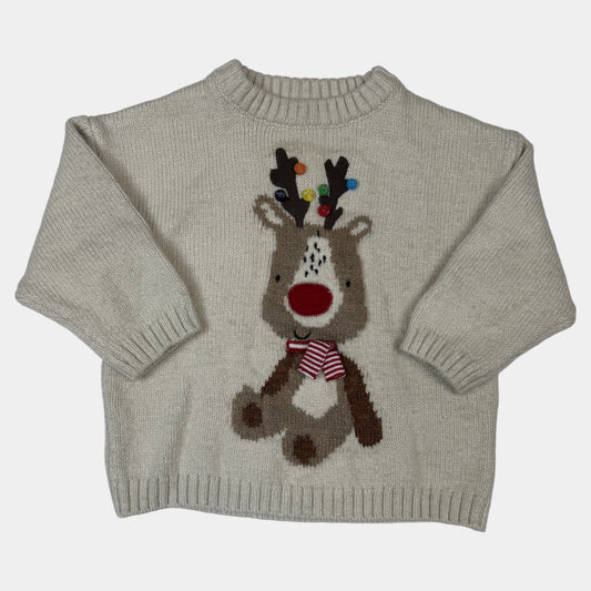 Beiger Kinder-Strickpullover mit Rentier-Motiv und roter Nase – front