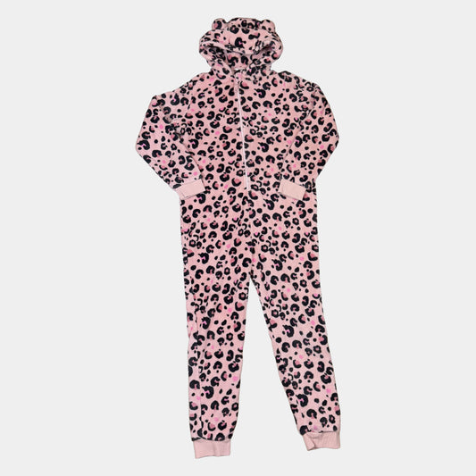 Rosa Fleece-Overall für Kinder mit Leo-Muster, Kapuze und Reißverschluss – front