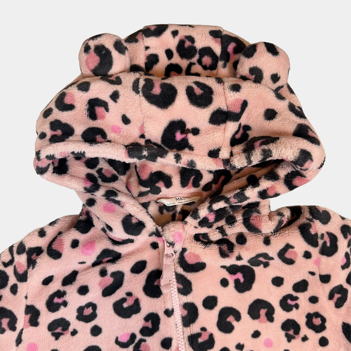 Rosa Fleece-Overall für Kinder mit Leo-Muster, Kapuze und Reißverschluss – inside