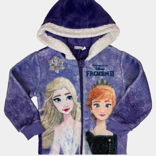 Lila Fleece-Overall für Kinder mit Kapuze, Reißverschluss und Frozen II Motiv – detail