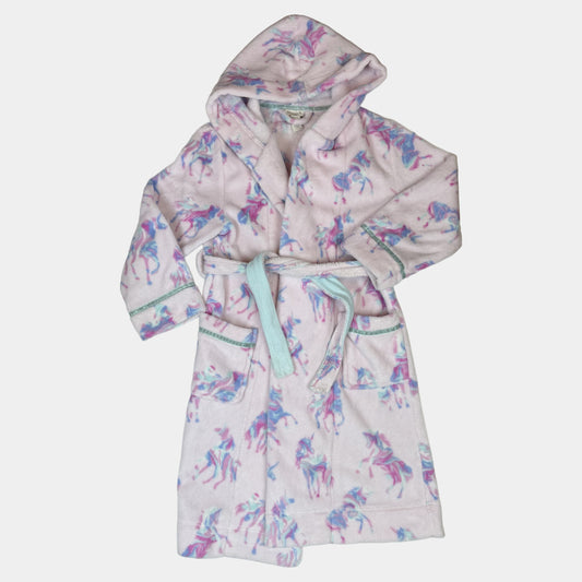 Rosa Fleece-Bademantel für Kinder mit Kapuze, Bindegürtel, Taschen und Einhornmuster – front