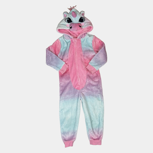 Mehrfarbiger Plüsch-Overall mit Einhorn-Kapuze und Reißverschluss in Rosa, Lila und Hellblau – front