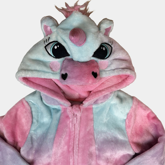 Mehrfarbiger Plüsch-Overall mit Einhorn-Kapuze und Reißverschluss in Rosa, Lila und Hellblau – detail