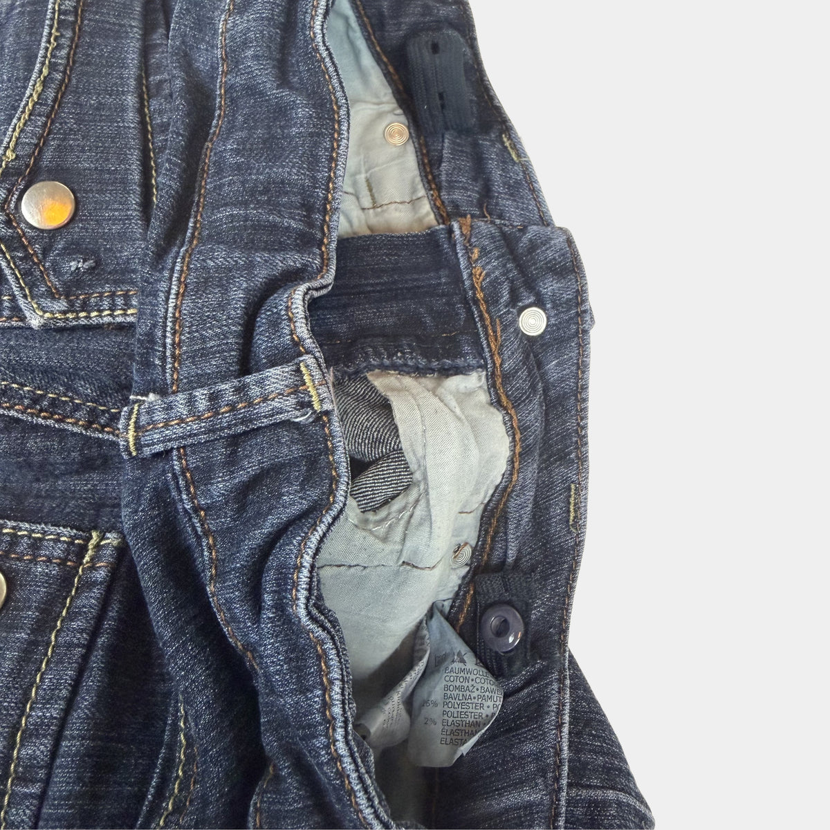 Dunkelblaue Kinderjeans mit geradem Bein, Taschen und Druckknopfdetails – inside