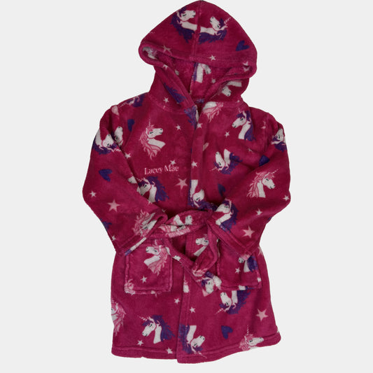 Pinkfarbener Fleece-Bademantel mit Kapuze, Einhorn-Print und Bindegürtel – front