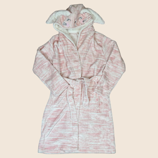 Rosa Fleece-Bademantel für Kinder mit Hasenohren an der Kapuze, Bindegürtel und Taschen – front