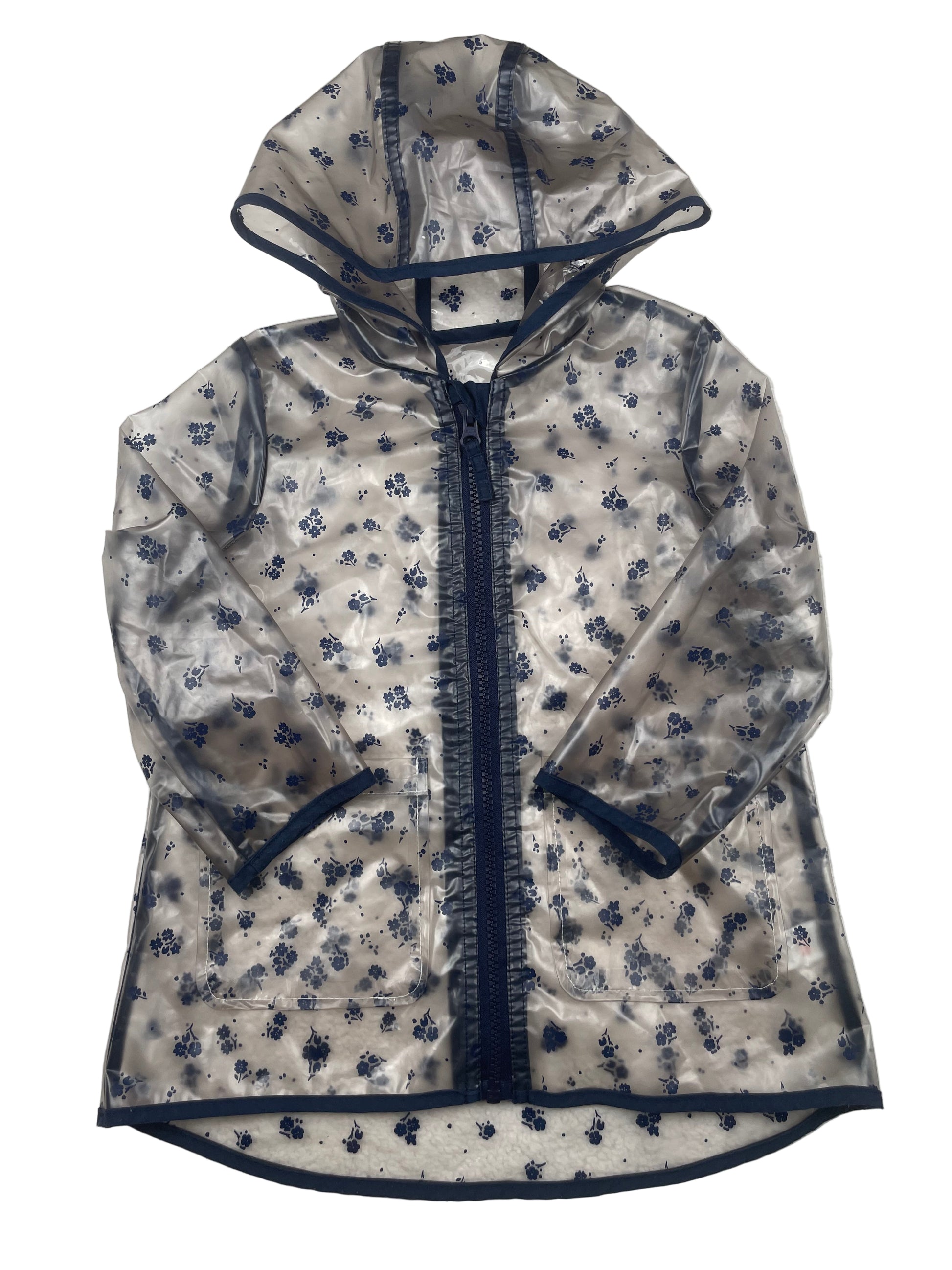 Transparente Kinder-Regenjacke von Mini Club mit blauem Blumenmuster und Kapuze, Größe 86–92 – front