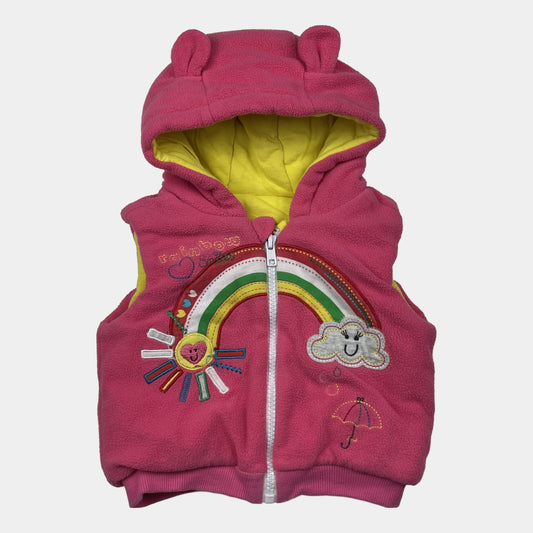 Rosa Weste mit Kapuze, Regenbogenmotiv und gelbem Futter – front