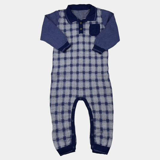 Blauer Overall aus Baumwolle mit Karomuster und Knopfleiste für Babys – front