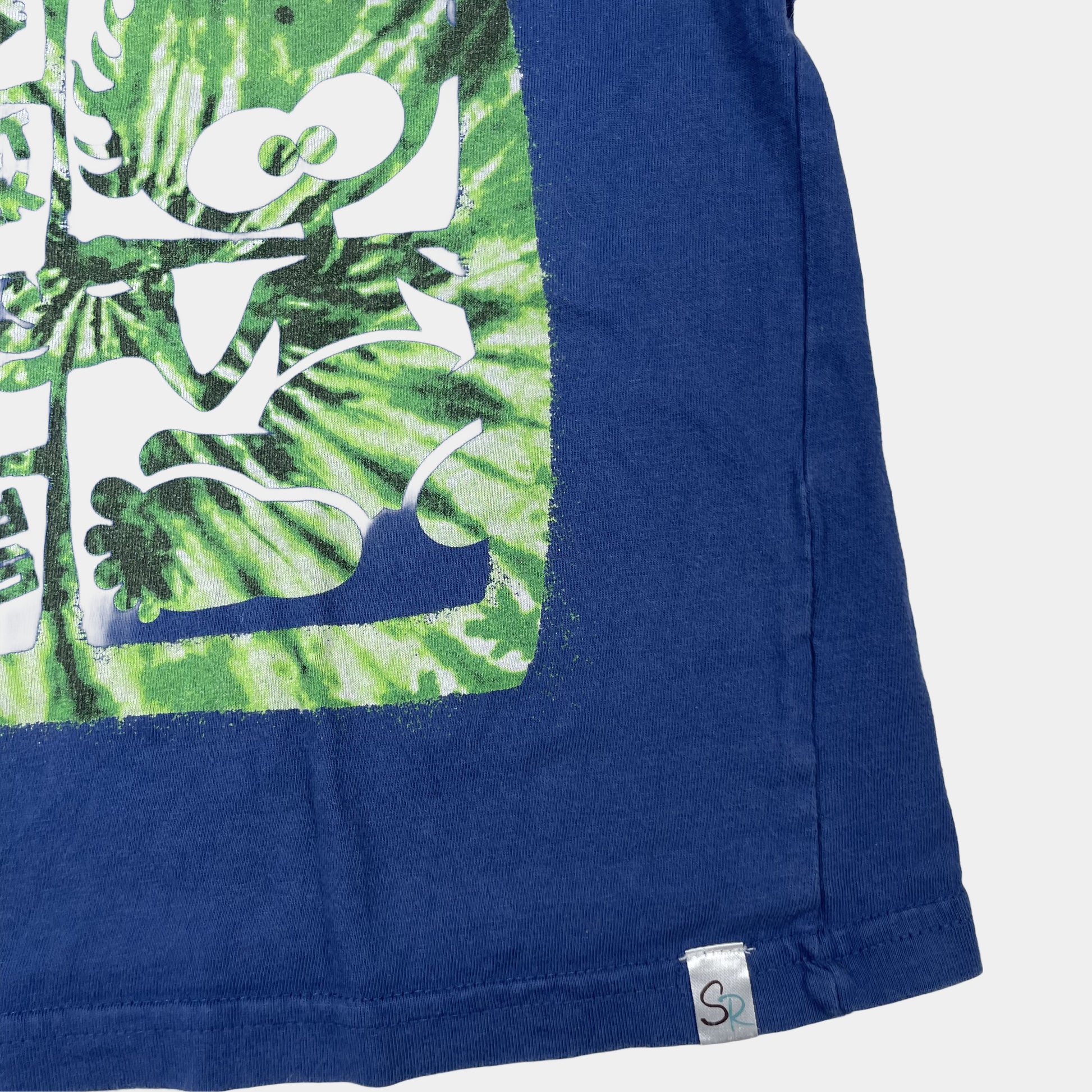 Blaues Baumwoll-T-Shirt mit Grafik-Design und kurzen Ärmeln – fabric