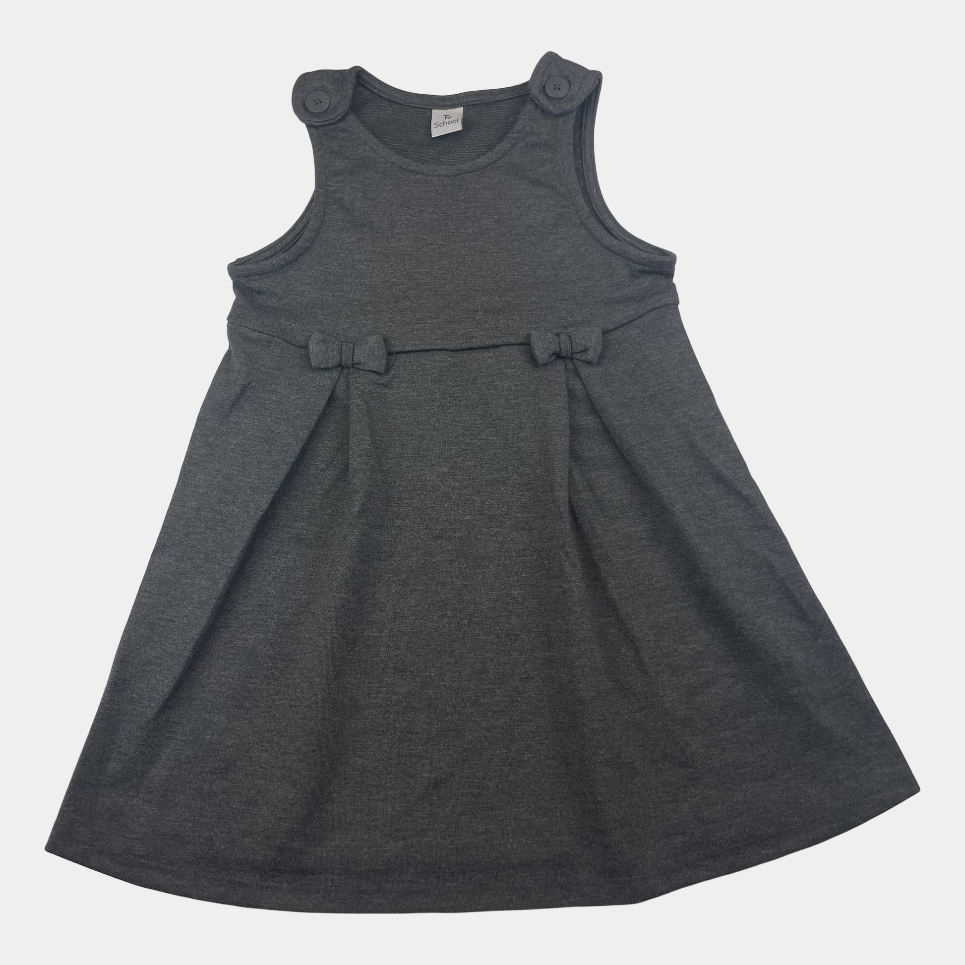 Graues Kleid mit Schleifen und Knöpfen auf den Schultern, Größe 104 cm für Kinder 4 Jahre. – front