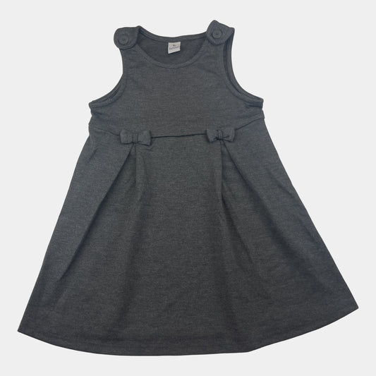 Graues Kleid mit Schleifen und Knöpfen auf den Schultern, Größe 104 cm für Kinder 4 Jahre. – front