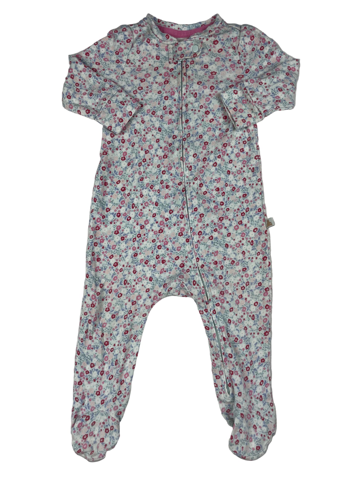 Blumen-Schlafanzug für Babys aus 100% Baumwolle mit Reißverschluss und Füßen – front