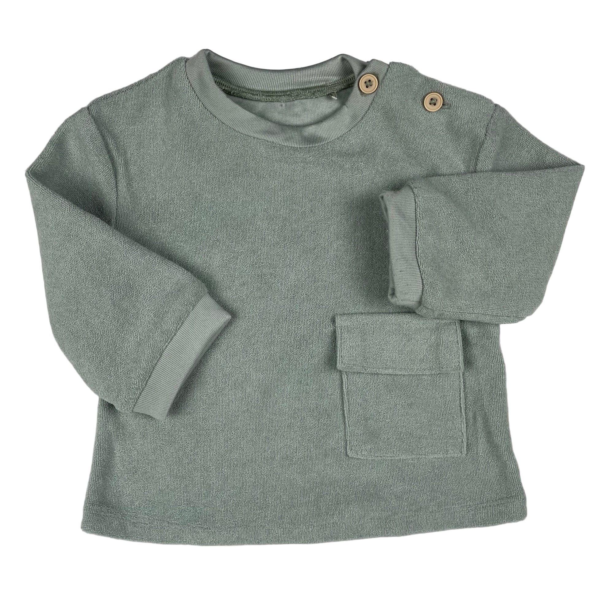Hellgrüner Baby-Pullover aus Frottee mit Schulterknöpfen von Tu, Größe 3–6 Monate – front
