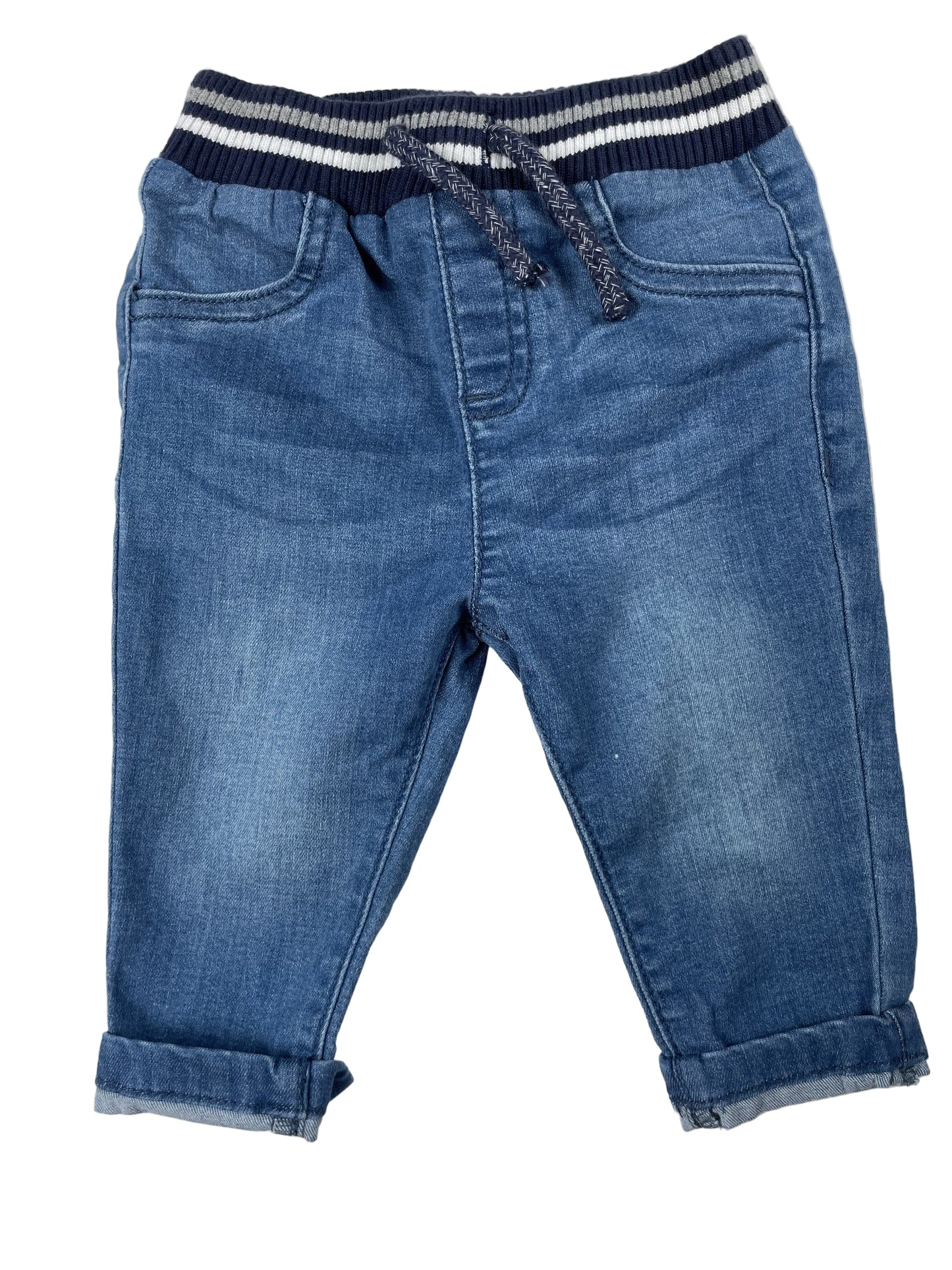 Blaue Baby-Jeansjogginghose von Nutmeg mit Kordelzug, Größe 3–6 Monate. – front