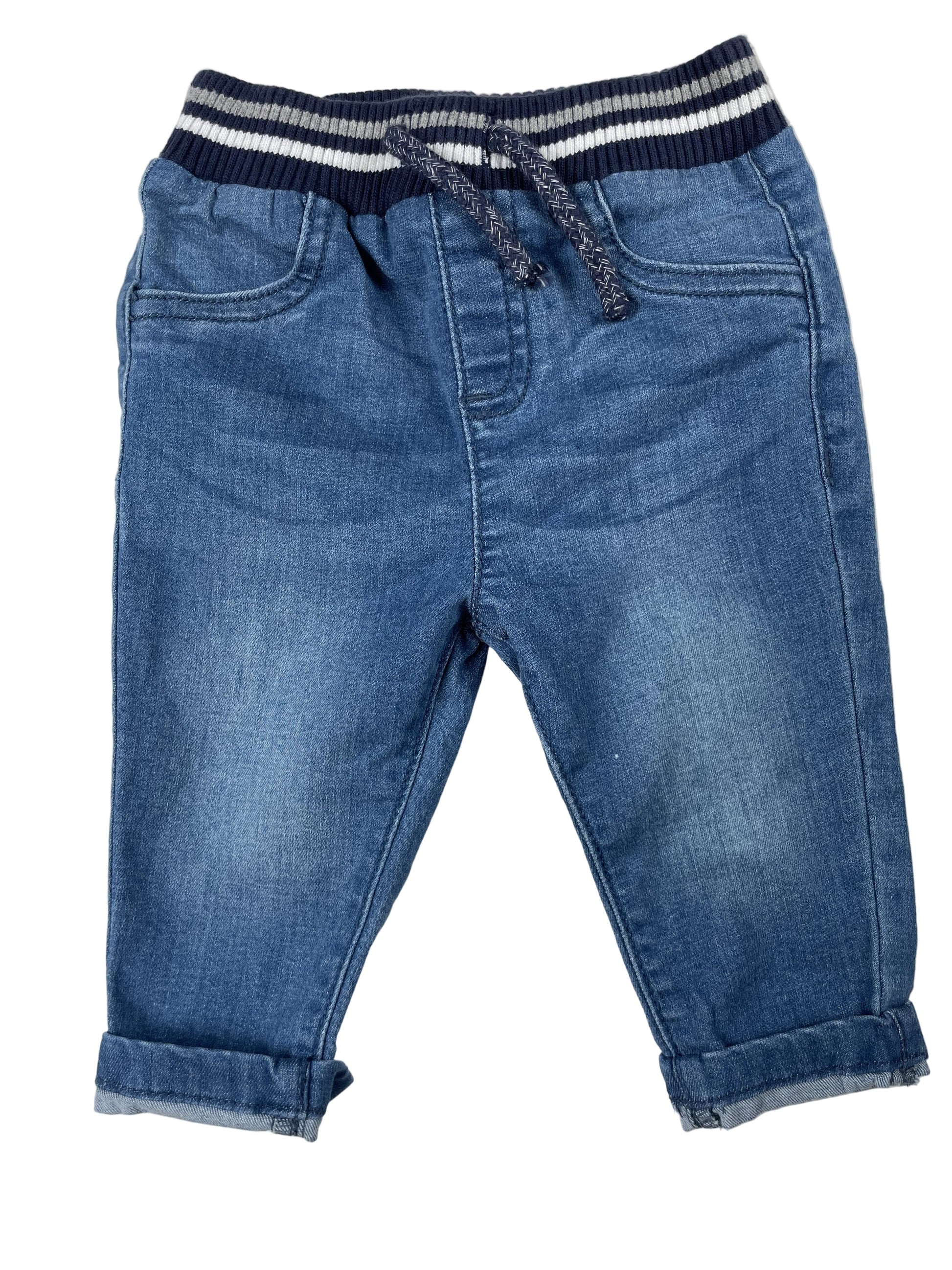 Blaue Baby-Jeansjogginghose von Nutmeg mit Kordelzug, Größe 3–6 Monate. – front