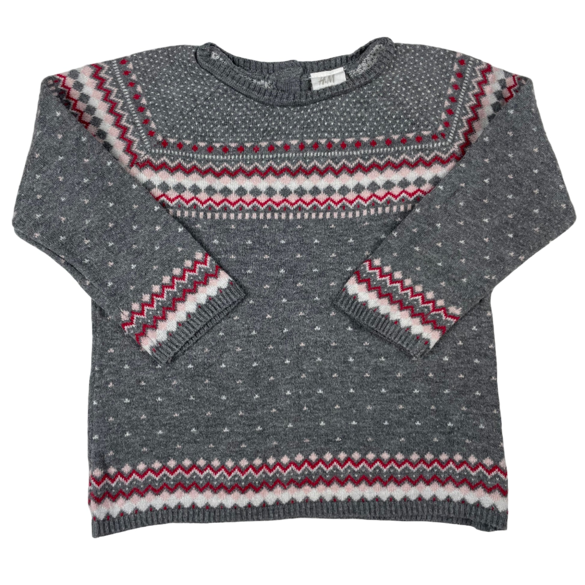 Grauer H&M Baby-Strickpullover mit Norwegermuster in Rot/Weiß, Größe 80 (9–12 Monate) – front