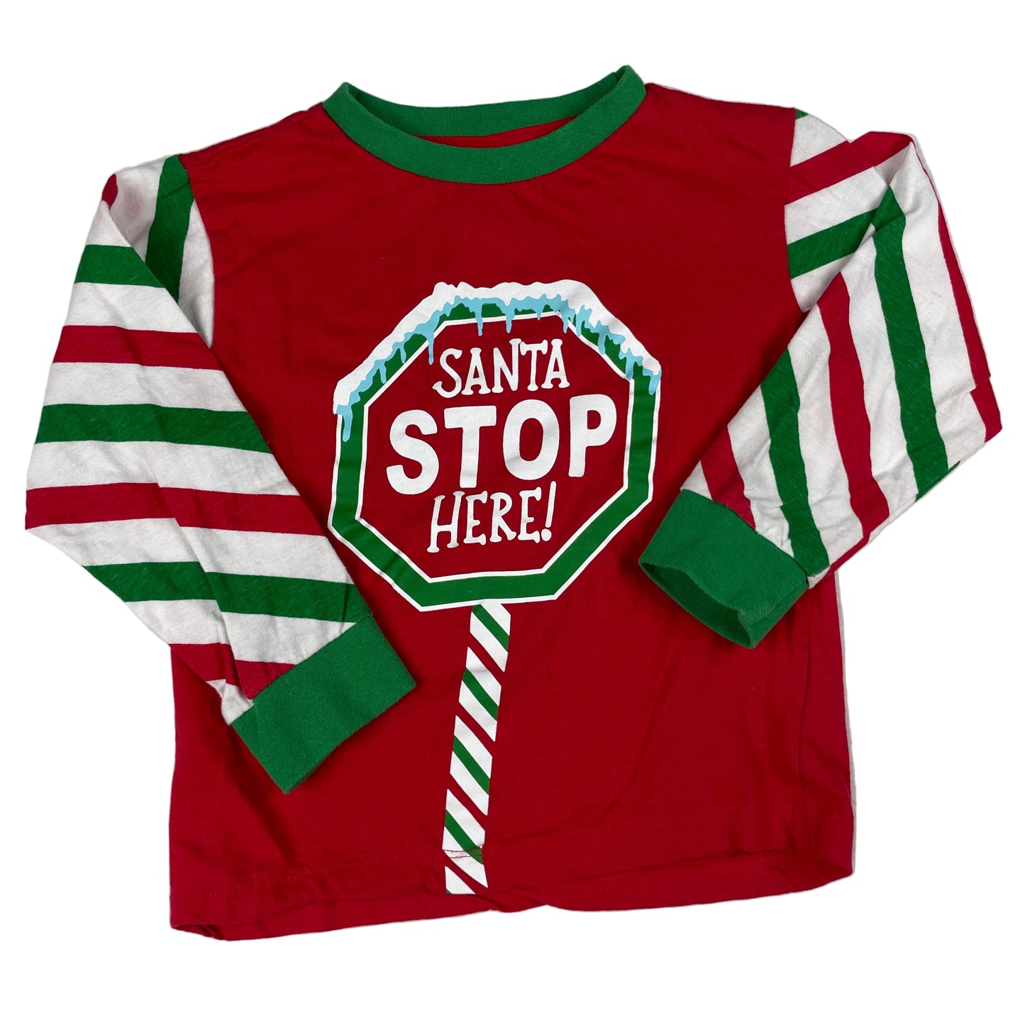 Rotes Kinder-Pyjamaoberteil mit Santa-Print und gestreiften Ärmeln, Größe 3–4 Jahre (98–104 cm) – front