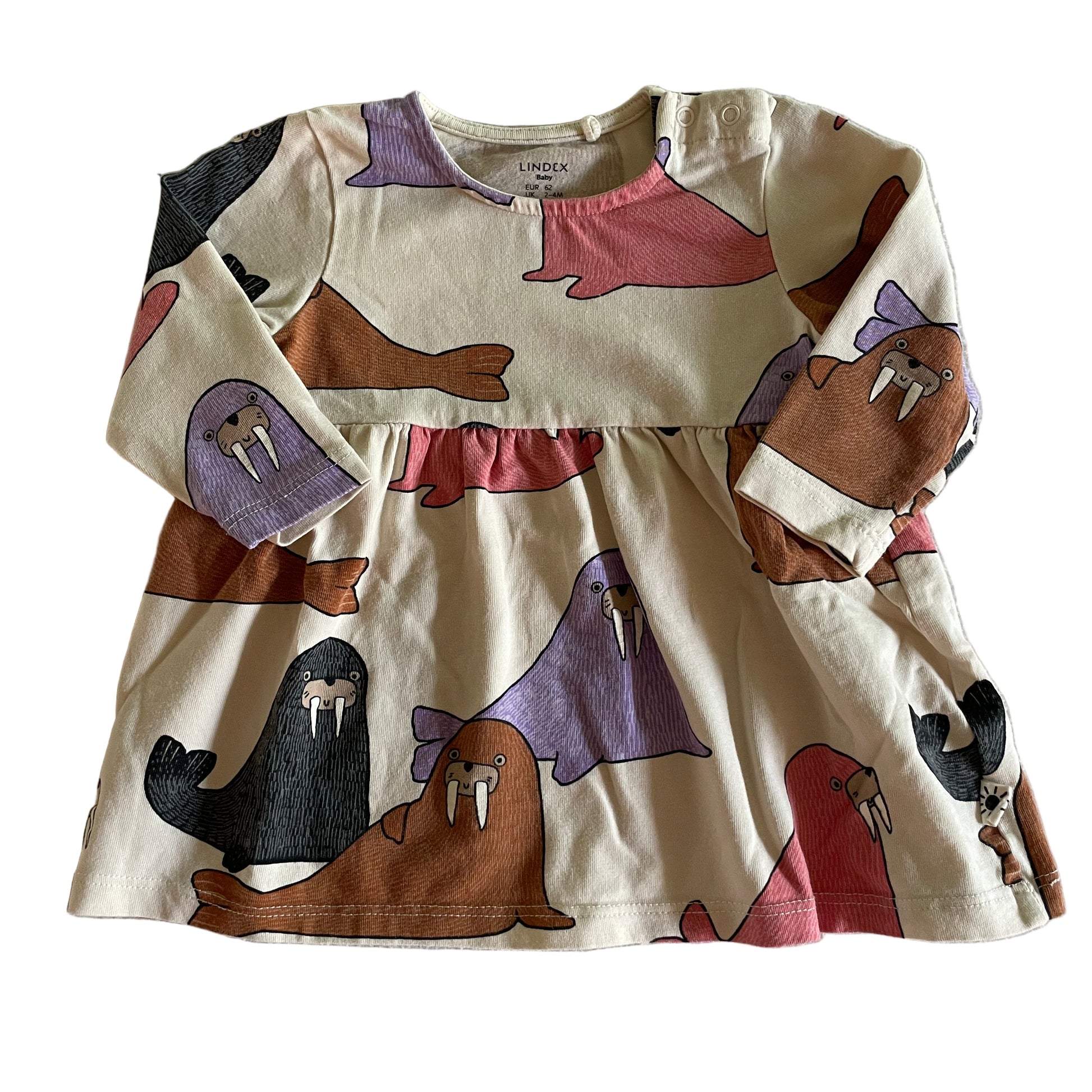 Lindex Baby Langarmkleid mit Walross-Print, Größe 62 – front