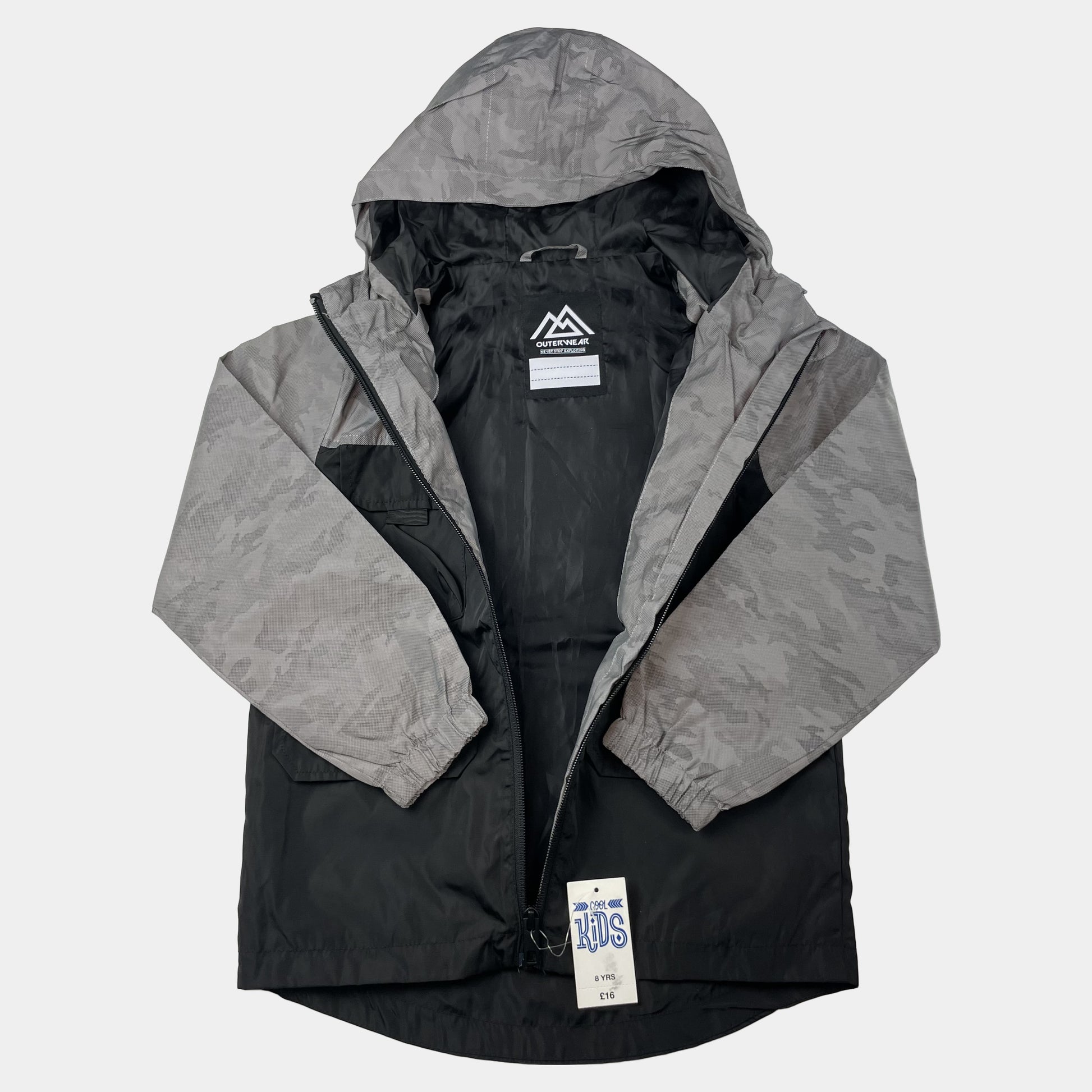 Graue und schwarze Camouflage-Jacke mit Kapuze, Größe 8 Jahre, aus Polyester – side