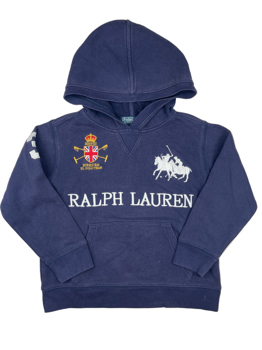 Dunkelblauer Polo Ralph Lauren Kapuzenpullover mit großer Logo-Stickerei und Kängurutasche, Größe ca. 116. – front