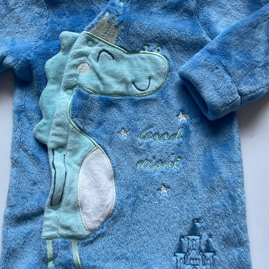 Blauer Plüsch-Overall mit Dino-Motiv und Applikationen – detail