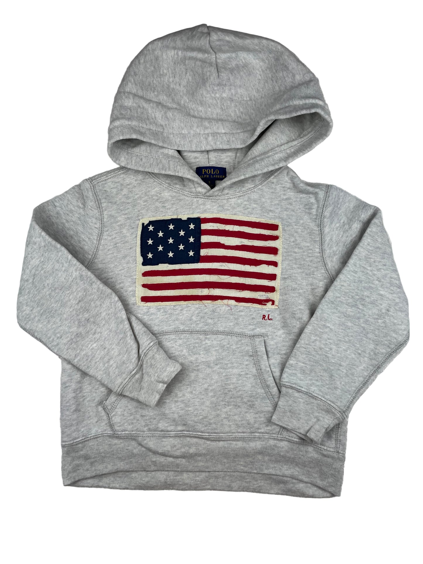 Grauer Hoodie mit USA-Flagge von Polo Ralph Lauren, Größe 5 – front