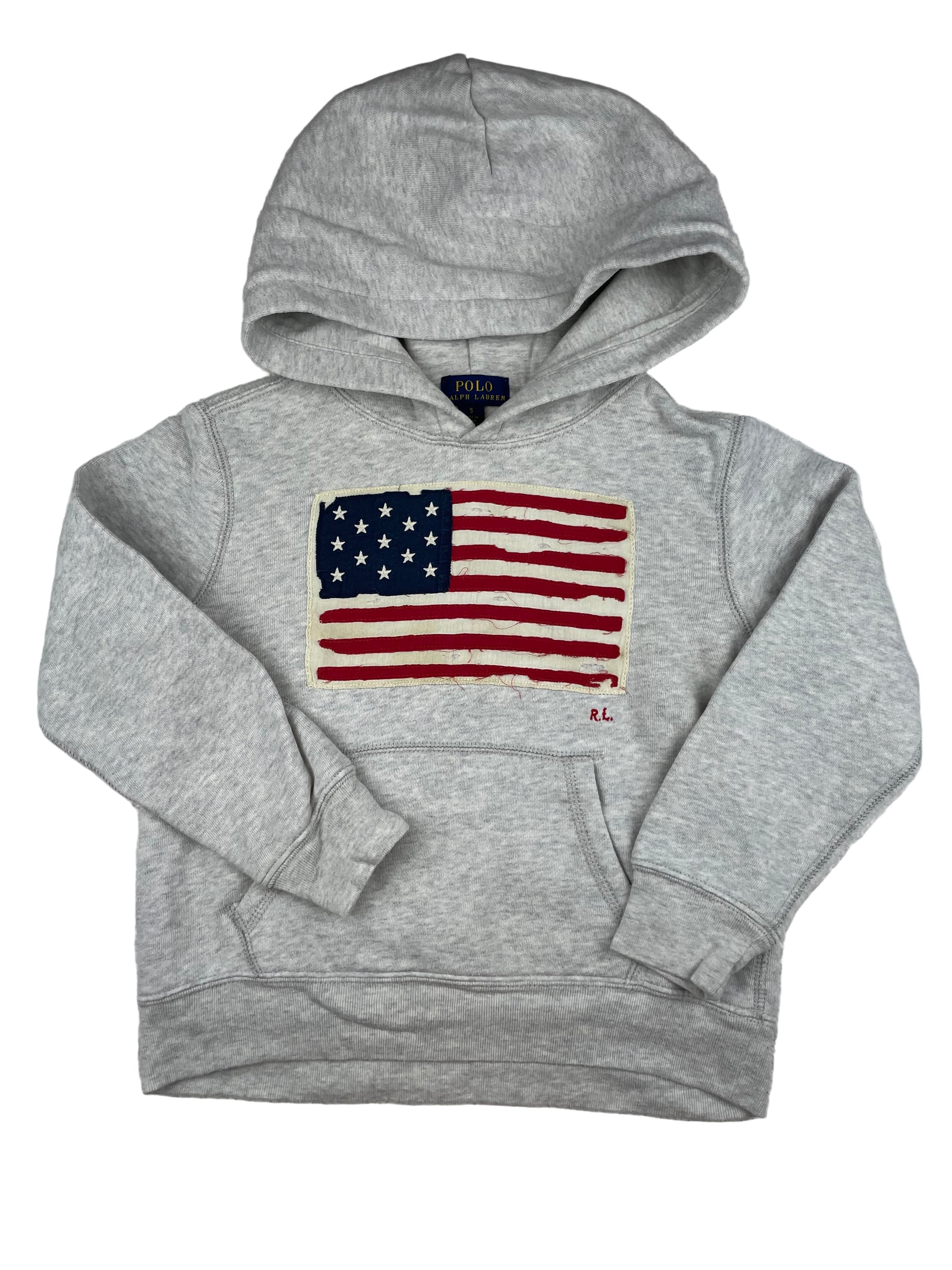 Grauer Hoodie mit USA-Flagge von Polo Ralph Lauren, Größe 5 – front