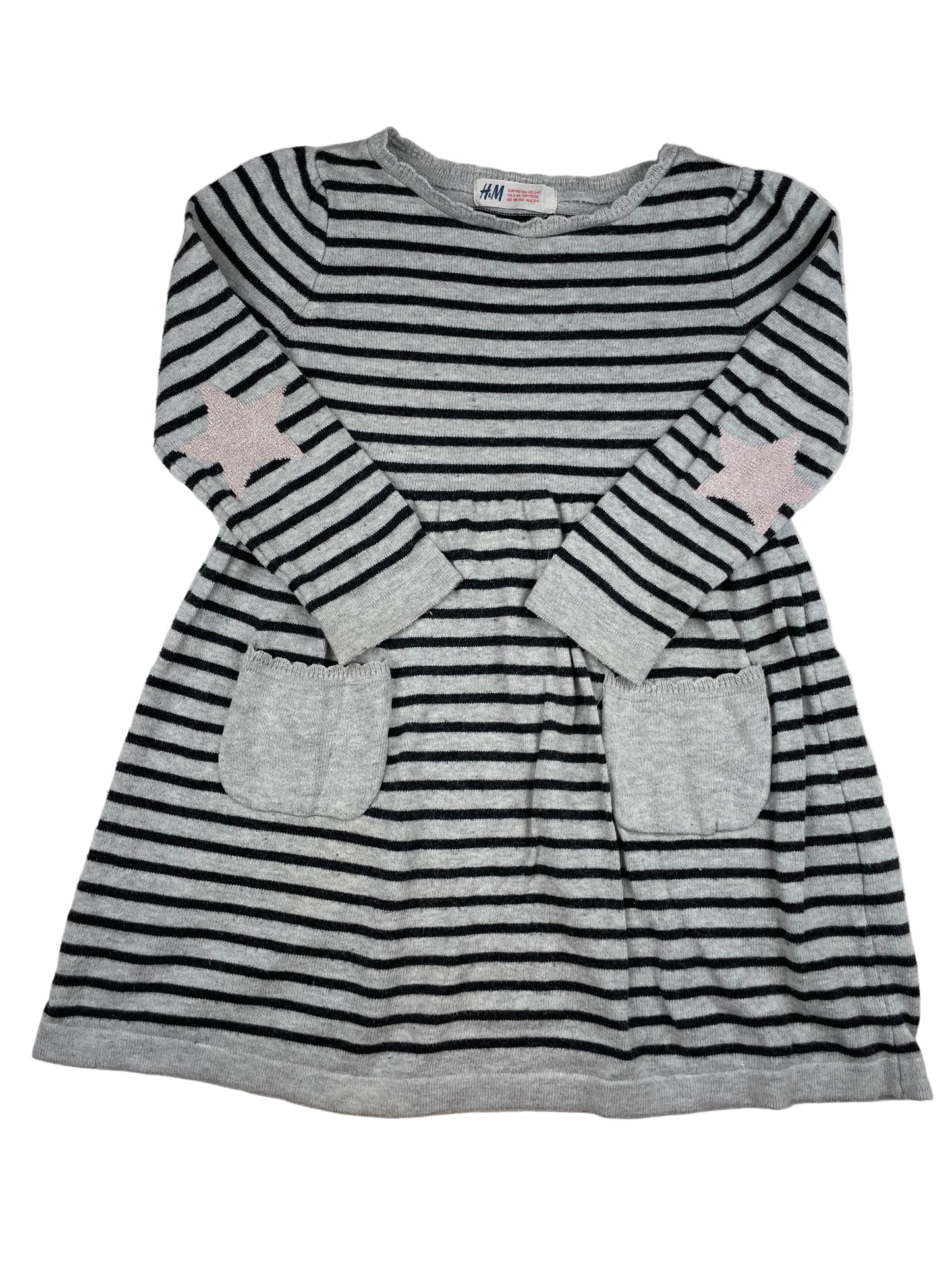 Gestreiftes H&M Strickkleid grau-schwarz mit Taschen, Größe 98/104 – front
