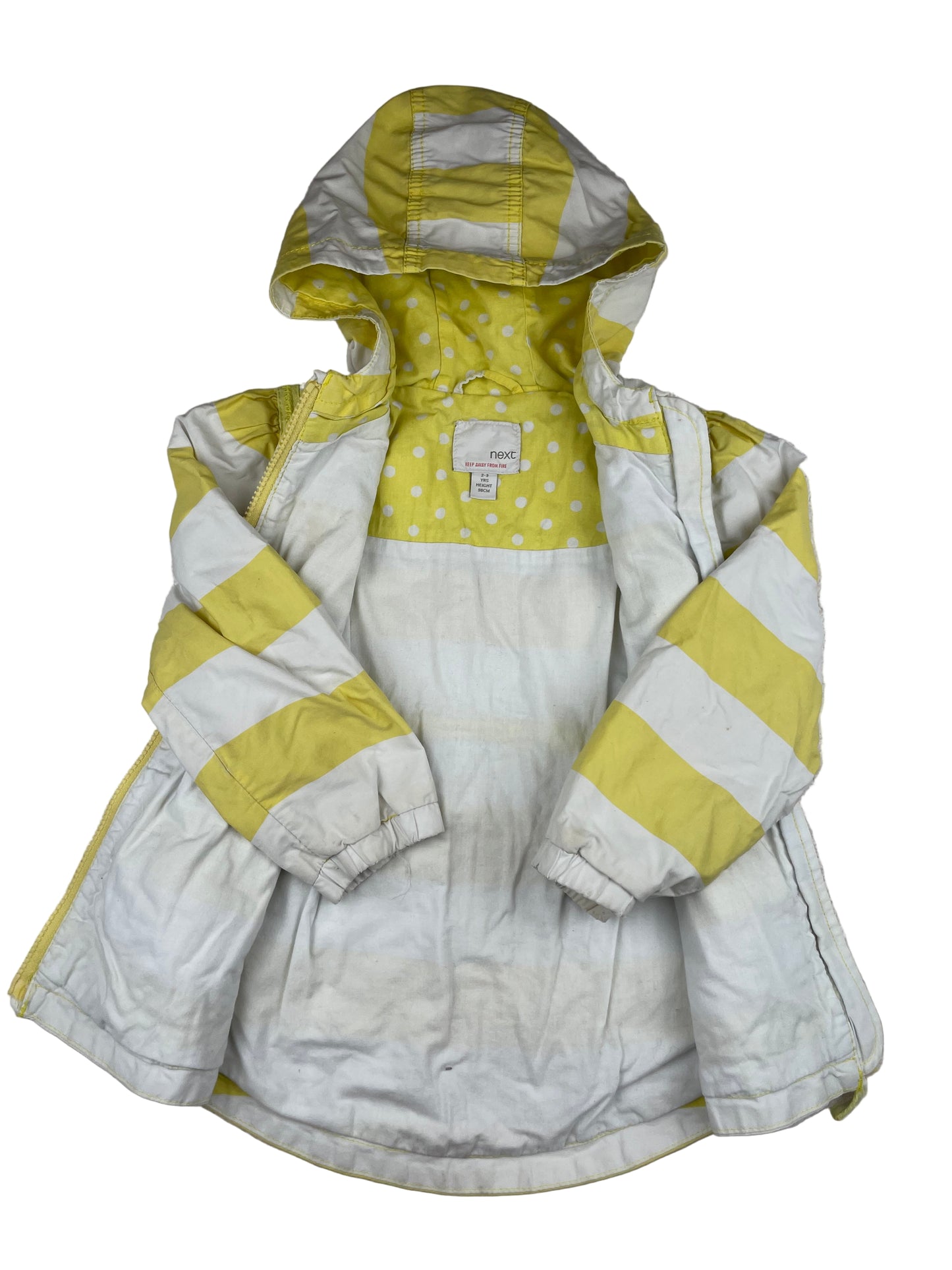 Next Kinder-Kapuzenjacke, gelb-weiß gestreift mit Punktetaschen, Größe 2–3 Jahre (98) – inside