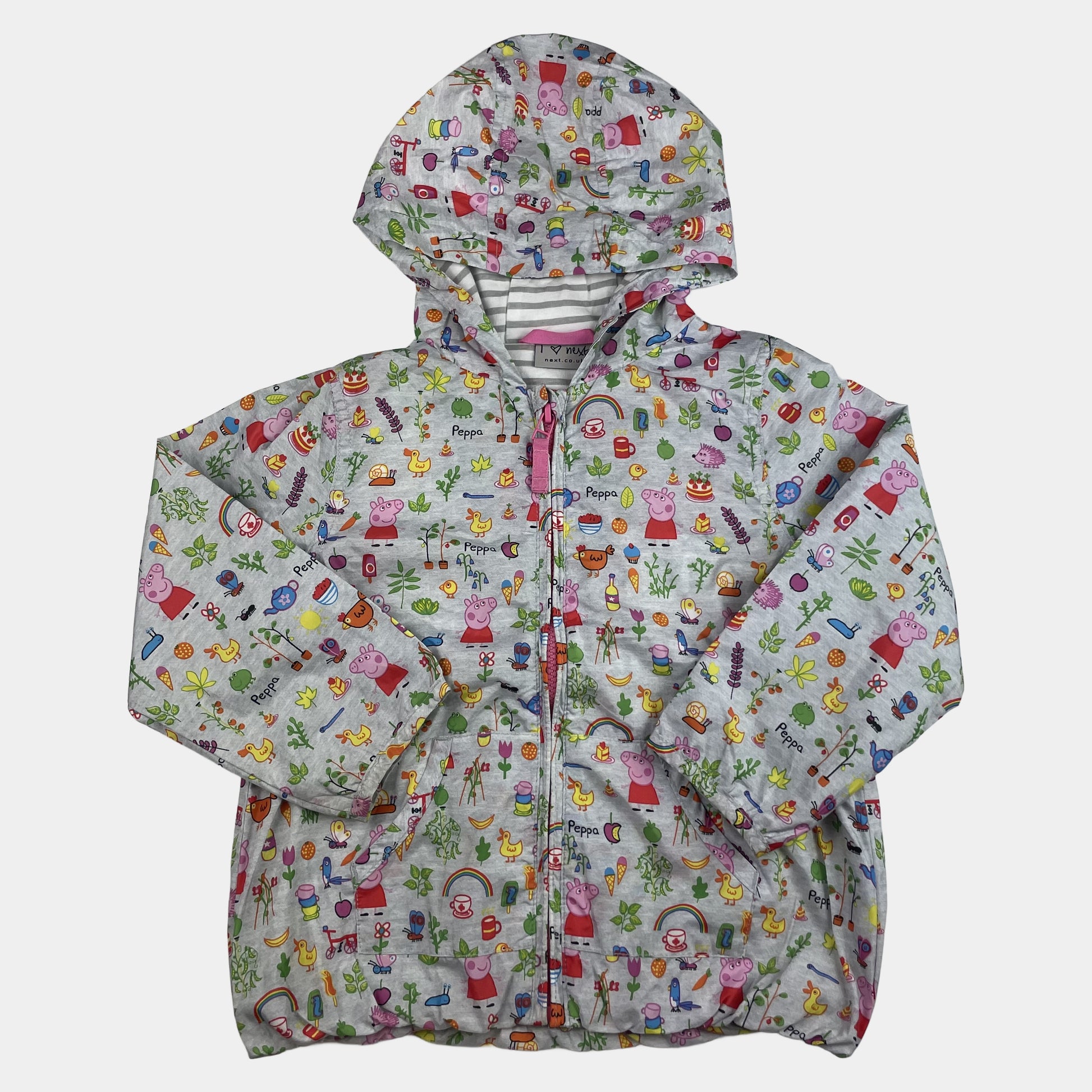 Mehrfarbige Regenjacke mit Kapuze und buntem Motiv – front