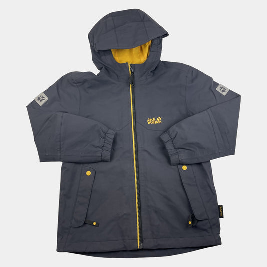 Graue Jack Wolfskin Kinderjacke mit gelbem Futter, Größe 128 – front