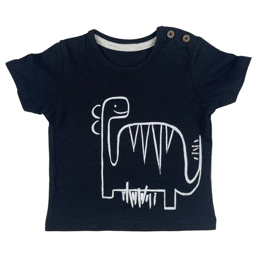 Schwarzes Baby-T-Shirt von George mit weißem Dino-Print und Schulterknöpfen, Größe 0–3 Monate – front