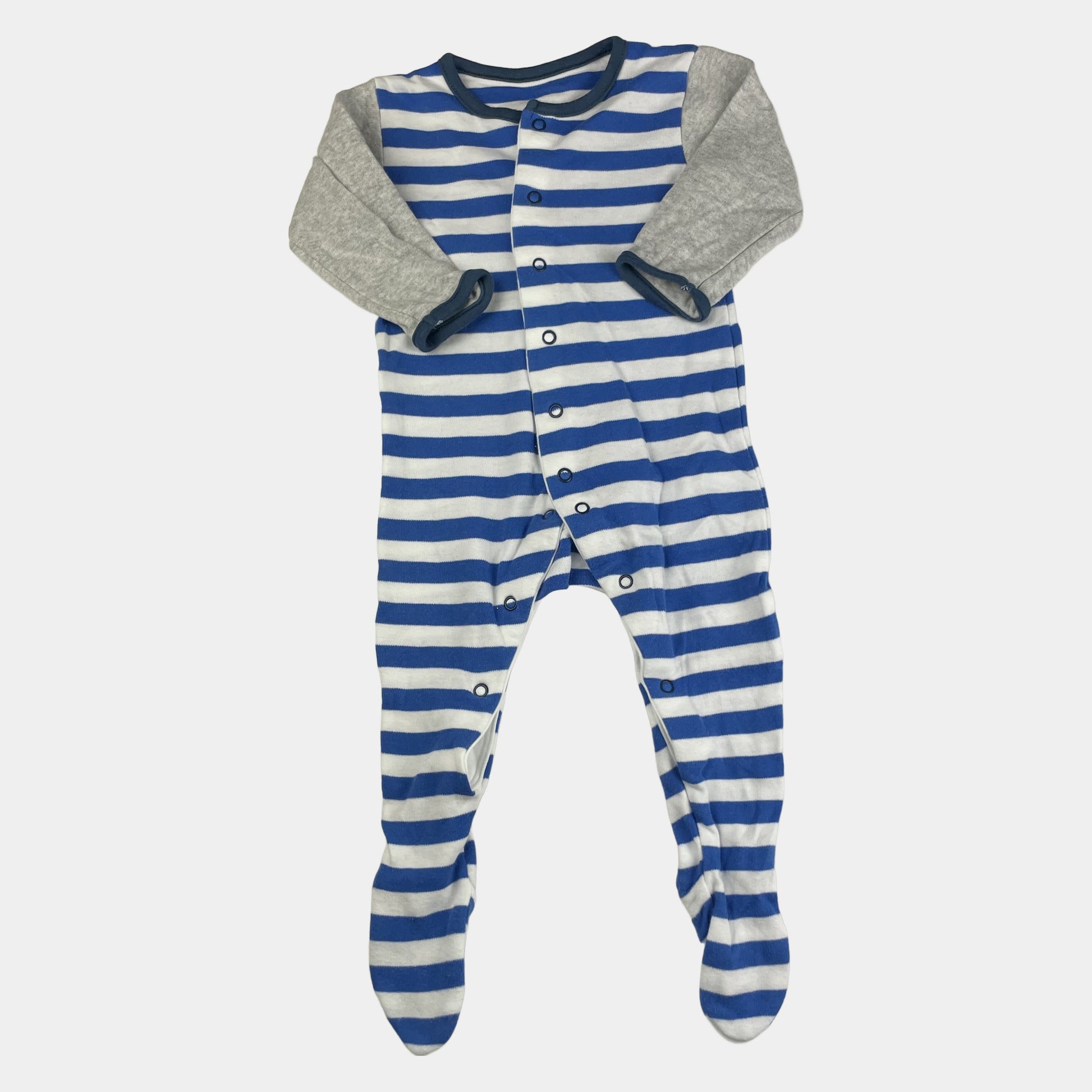 Blauer und weißer gestreifter Overall mit grauen Ärmeln aus Baumwolle – front