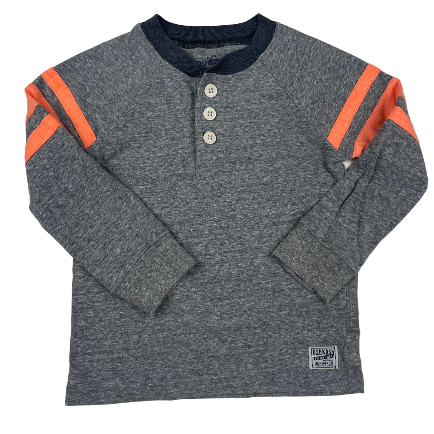 Graues OshKosh Henley-Sweatshirt mit orangen Ärmelstreifen, Größe 4T