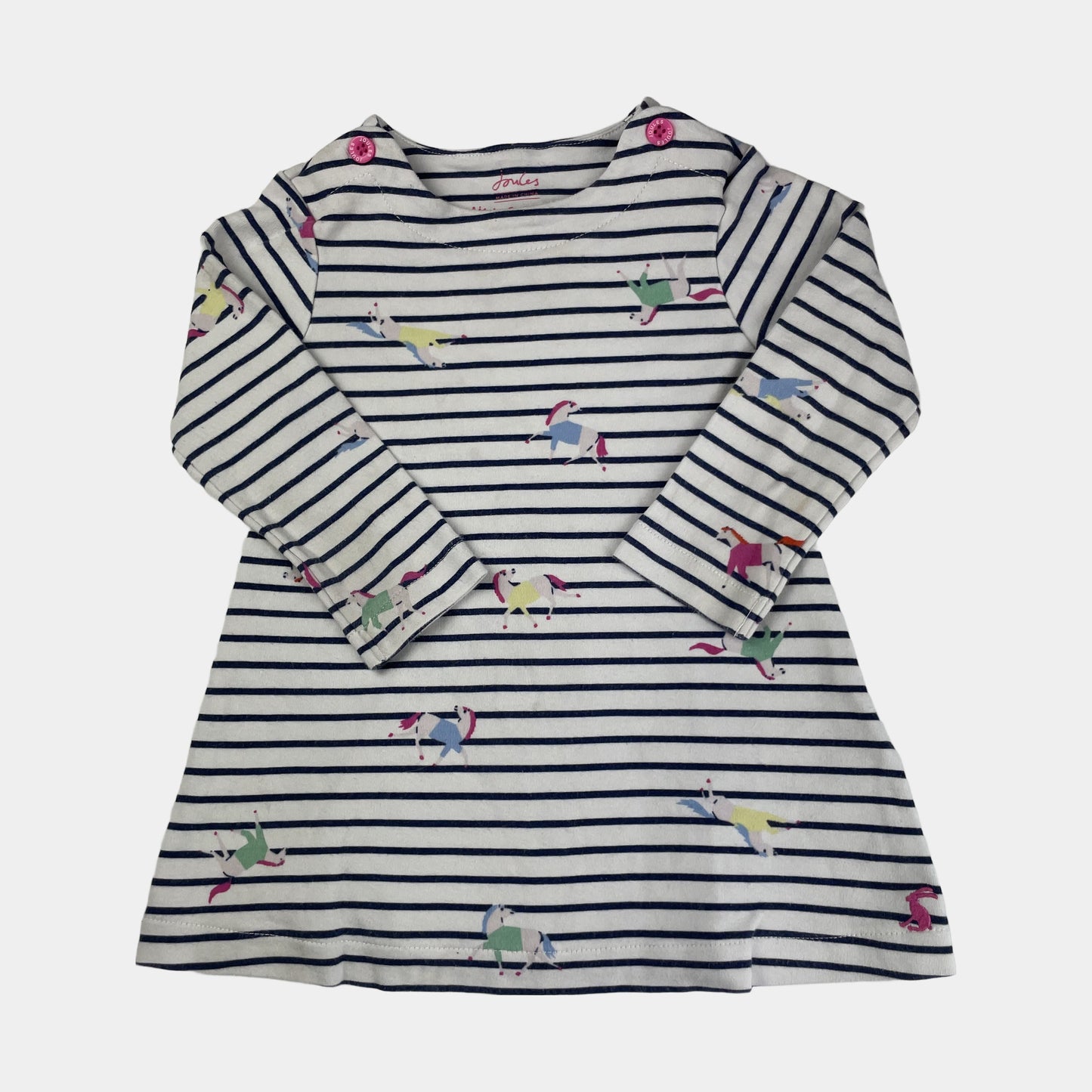 Weißes gestreiftes Kinderkleid mit Einhorn, Größe 9-12 Monate, von Joules – front