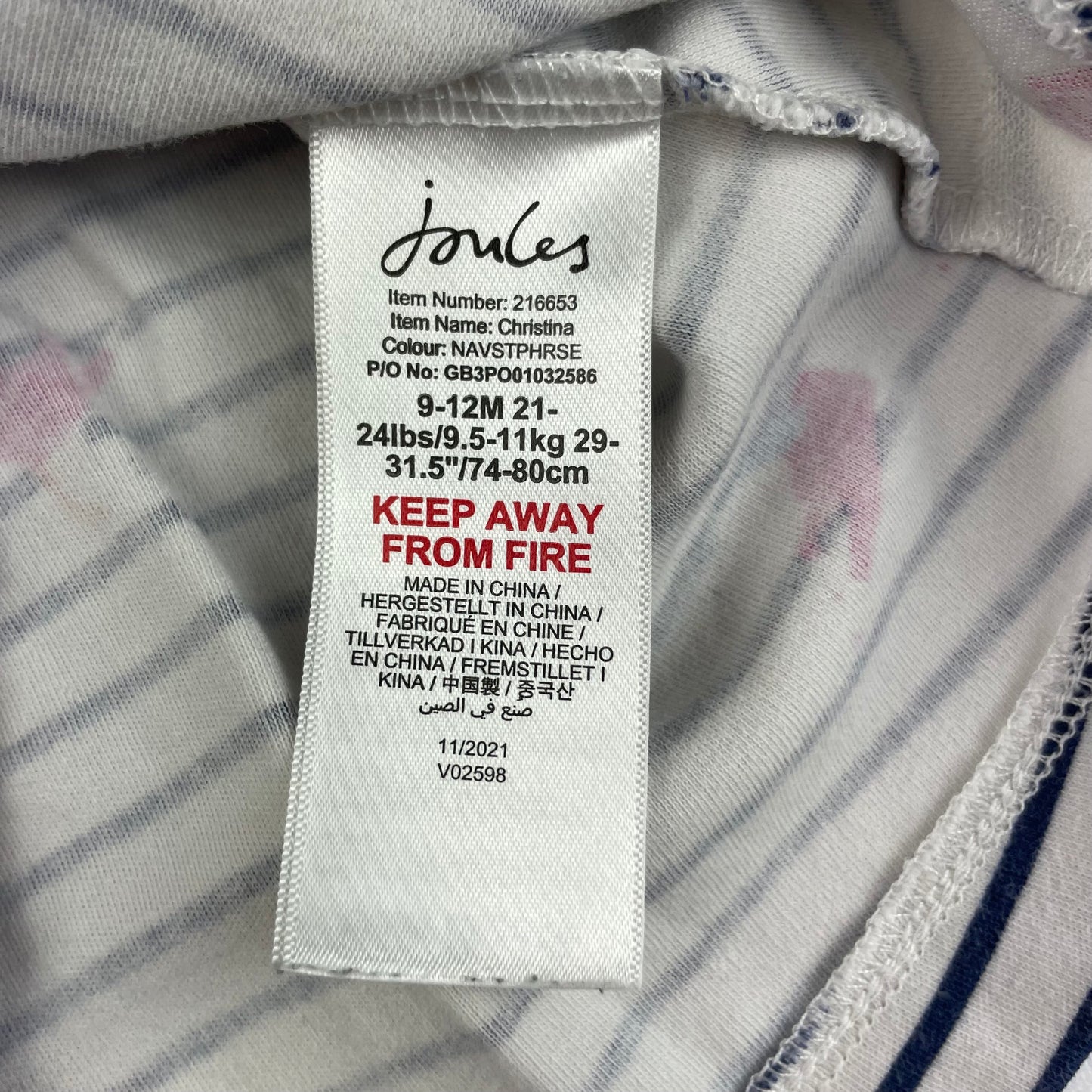 Weißes gestreiftes Kinderkleid mit Einhorn, Größe 9-12 Monate, von Joules – label