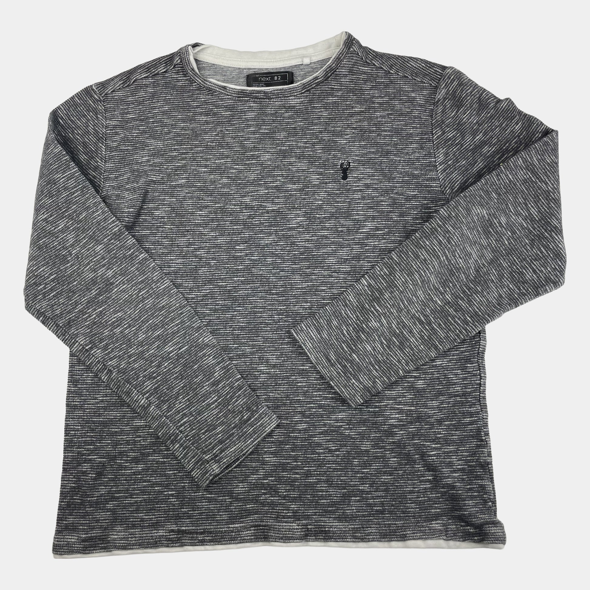 Grauer Baumwoll-Pullover mit gestreiftem Muster, Größe 12 Jahre. – front