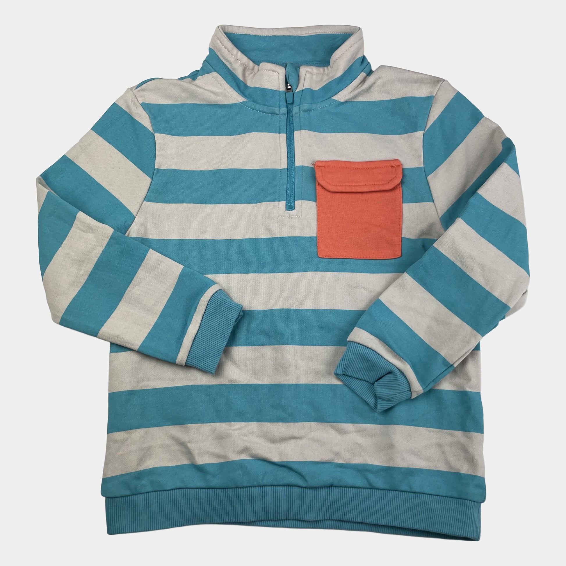 Blau-weißer Sweatshirt mit orangefarbener Brusttasche, gestreift – front