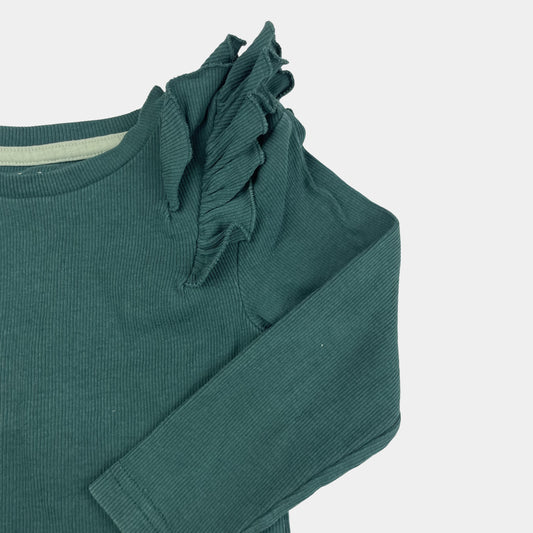 Grüner Langarm-Pullover mit Rüschen von Nutmeg, Größe 2-3 Jahre. – fabric