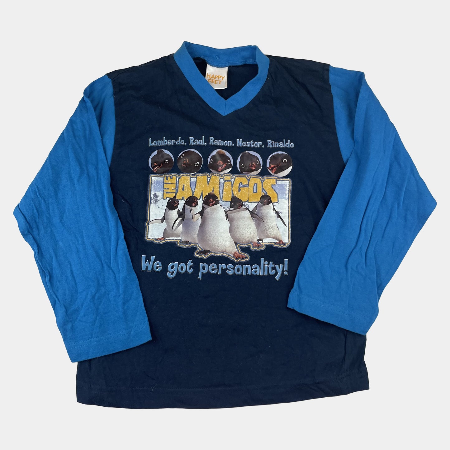 Blaues Langarmshirt für Kinder mit "The Amigos" Pinguin-Motiv – front