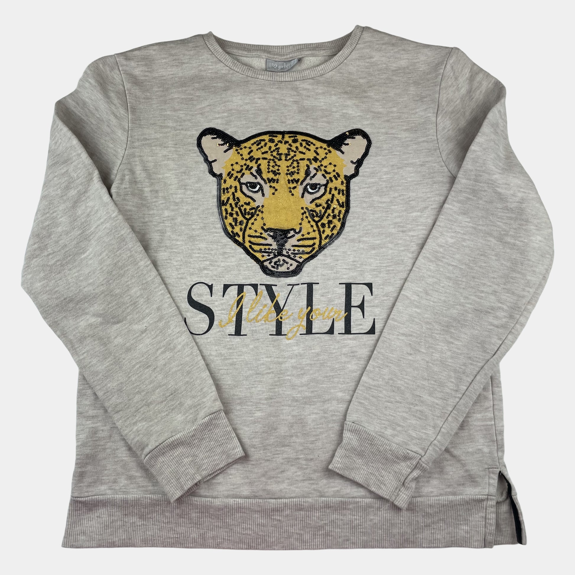 Graues Sweatshirt mit Leopardenmotiv und Schriftzug – front