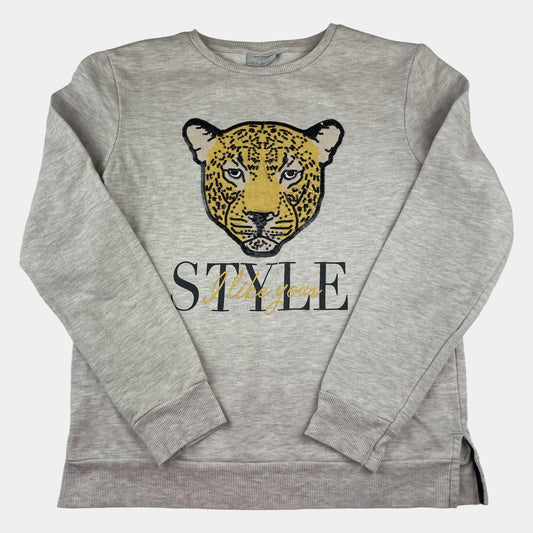 Graues Sweatshirt mit Leopardenmotiv und Schriftzug – front
