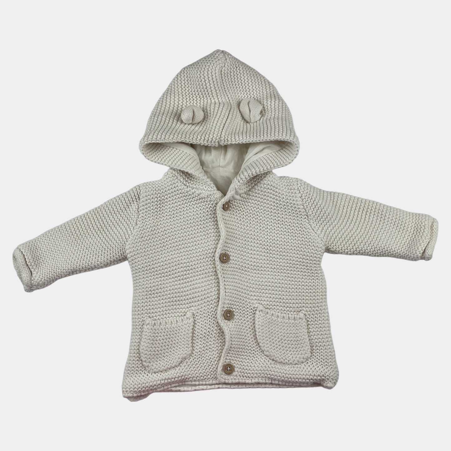 Weiße Strickjacke mit Kapuze für Babys, Größe 0-3 Monate. – front