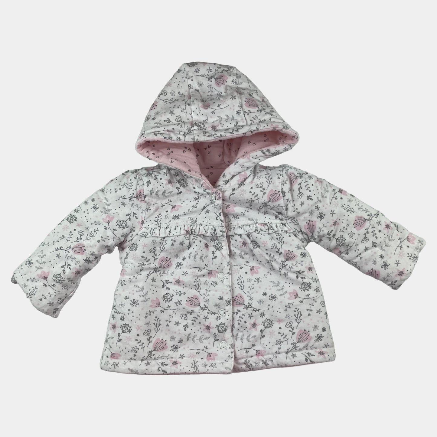 Weiße und rosa wendbare Baby-Jacke mit Kapuze und Herzmuster von George – front