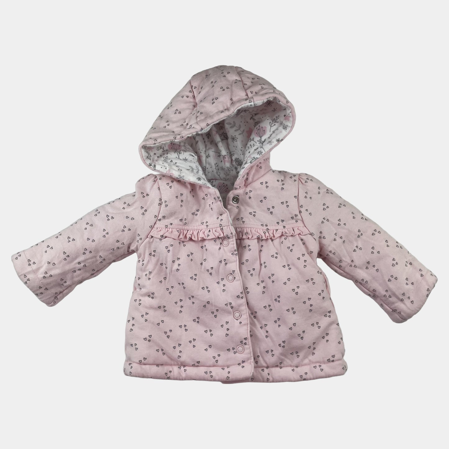 Weiße und rosa wendbare Baby-Jacke mit Kapuze und Herzmuster von George – inside