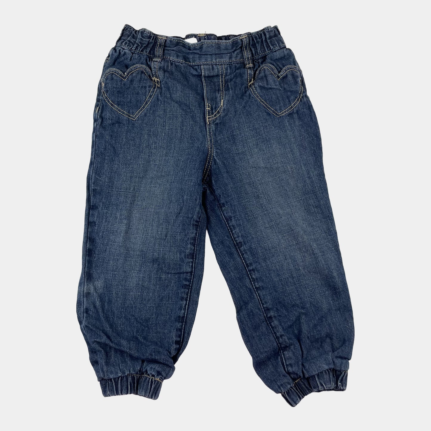 Blaue Jeanshose von H&M mit Herzdetails und elastischem Bund, Größe 92. – front