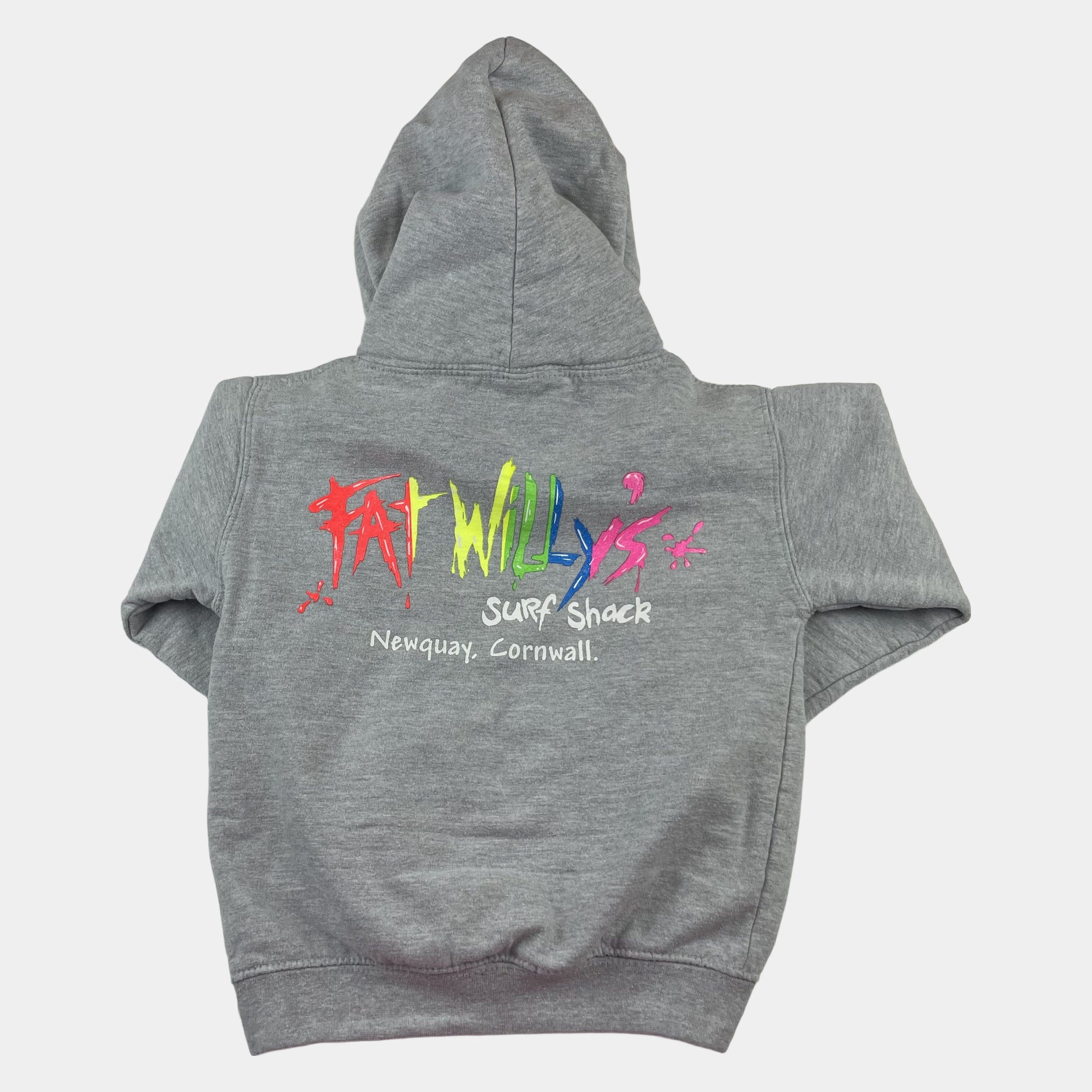 Graues Kapuzen-Sweatshirt mit buntem Logo-Aufdruck – back