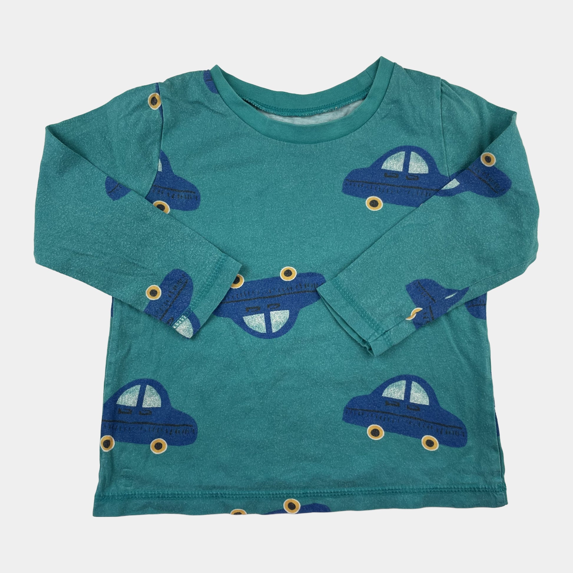 Blaues Baumwoll-Longshirt mit Auto-Muster von George für Kinder, Größe 2-3 Jahre. – front