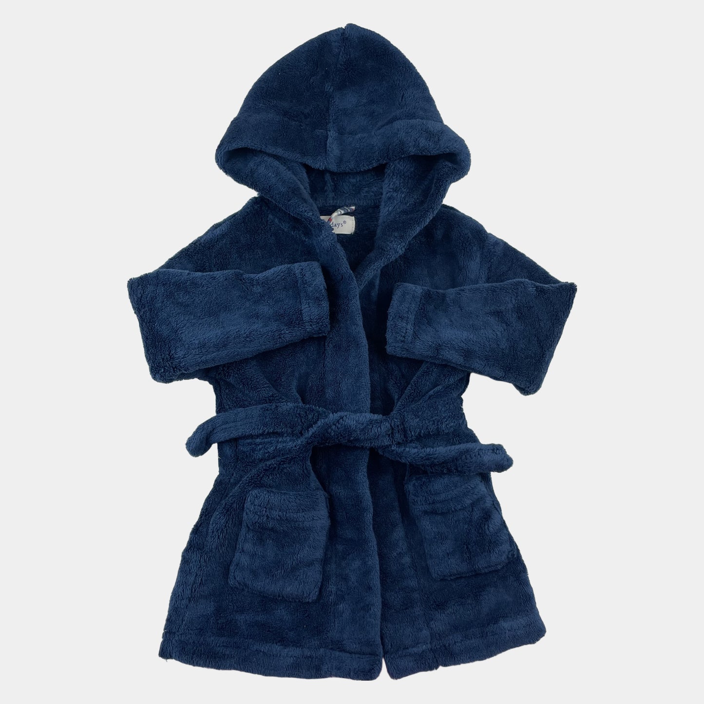 Dunkelblauer Bademantel aus 100% Polyester mit Kapuze und Bindegürtel – front
